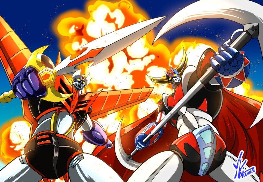 clenched_hands, commission, explosion, glowing, glowing_eyes, grendizer, grendizer_giga, highres