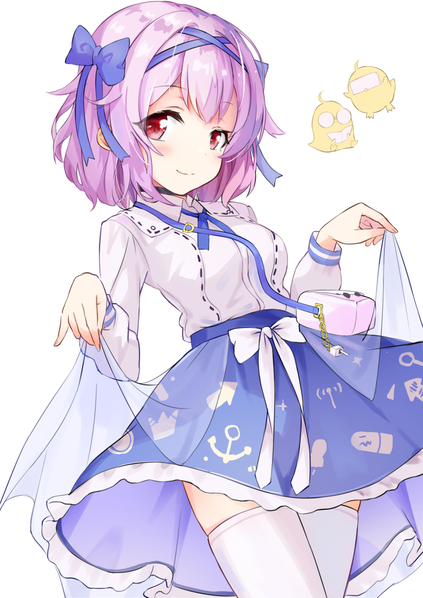 1girl, absurdres, ahoge, anchor_symbol, aylwin_(azur_lane), aylwin_(sunday_aquarium_visit)_(azur_lane), azur_lane, bag, blush, clothes_lift, dress_shirt, glasses, hair_ribbon, handbag, highres, looking_at_viewer, manjuu_(azur_lane), mugi_no_hikyaku, official_alternate_costume, pink_hair, red_eyes, ribbon, shirt, short_hair, skirt, skirt_lift, smile, solo, thighhighs, white_thighhighs