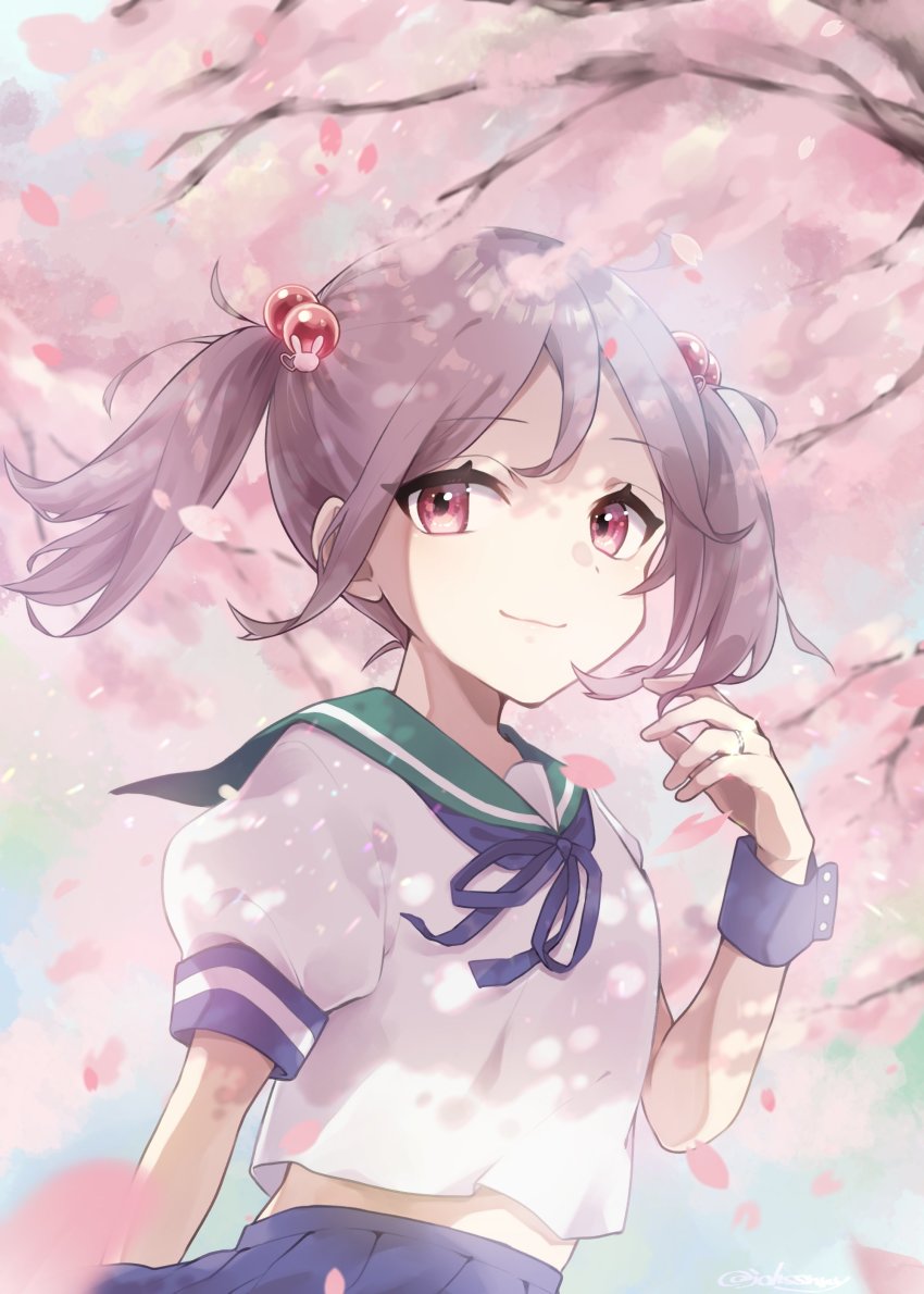 1girl, absurdres, blue_neckwear, blue_skirt, blush, cherry_blossoms, green_sailor_collar, hair_bobbles