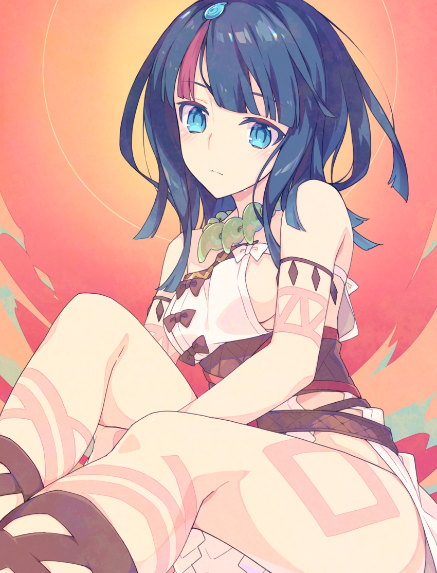 1girl, bare_shoulders, black_hair, blue_eyes, blush, body_markings, breasts, collarbone