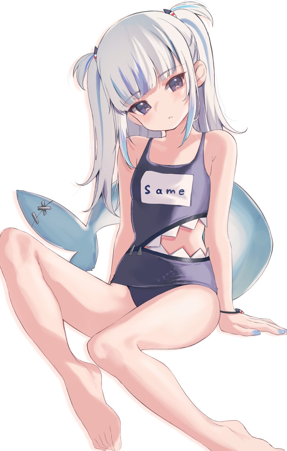 clothing_cutout, feet, fins, fish_tail, flat_chest, gawr_gura, highres, hololive, hololive_english, kanae_(inorin05kanae), name_tag, one-piece_swimsuit, shark_tail, simple_background, solo, swimsuit, tail, virtual_youtuber, white_background, white_hair