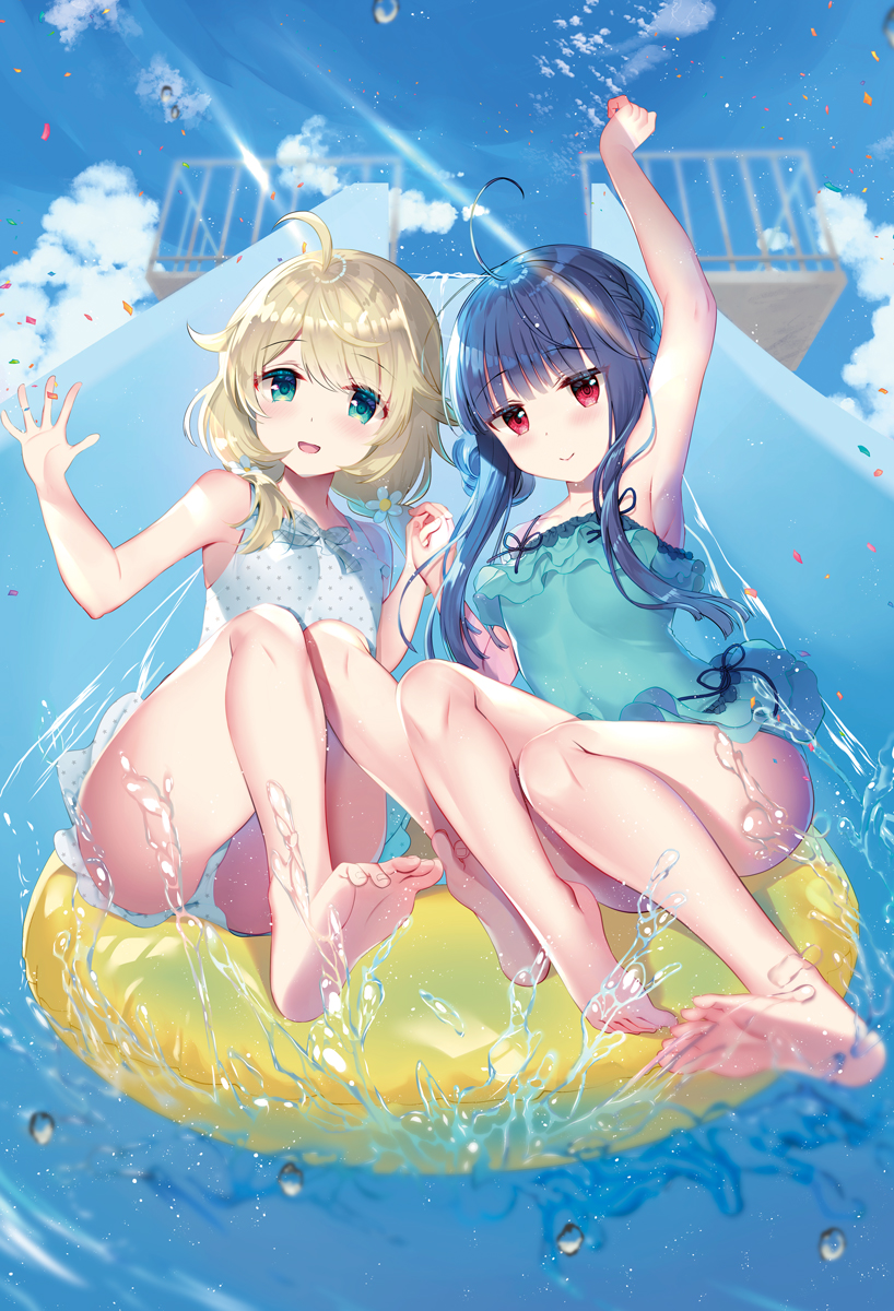 2girls, :d, ahoge, arm_up, armpits, bare_shoulders, barefoot, blonde_hair