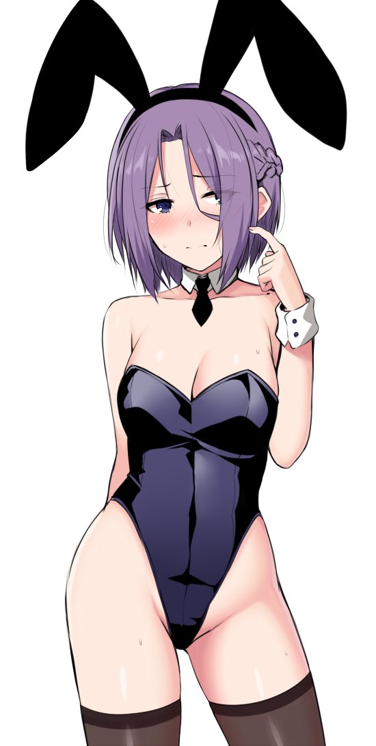 1girl, animal_ears, bare_shoulders, blush, breasts, cleavage, closed_mouth, collarbone, detached_collar, embarrassed, eyes_visible_through_hair, fake_animal_ears, horosuke, jun_(princess_connect!), medium_breasts, playboy_bunny, princess_connect!, purple_hair, rabbit_ears, short_hair, simple_background, solo, thighhighs, white_background, wrist_cuffs