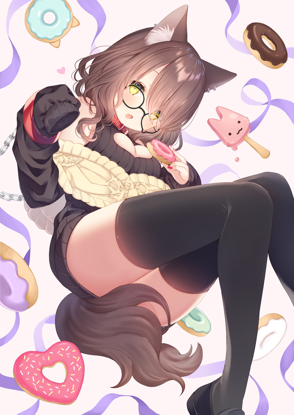 1girl, :o, animal_ear_fluff, animal_ears, ass, bare_shoulders, black-framed_eyewear, black_shoes
