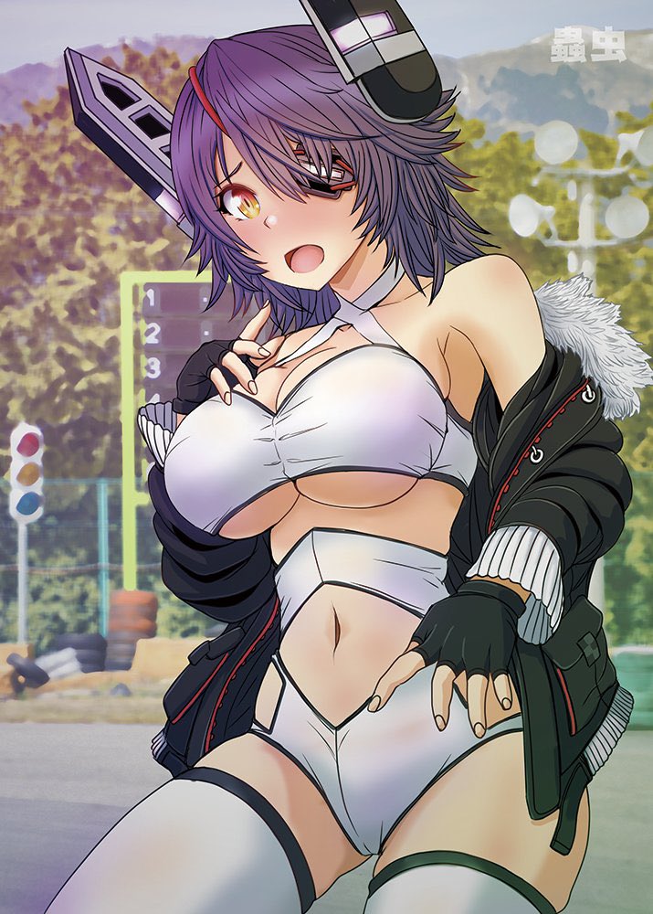 1girl, alternate_costume, artist_logo, black_jacket, breasts, clothing_cutout, commentary_request, cowboy_shot, day, eyepatch, fur-trimmed_jacket, fur_trim, headgear, index_finger_raised, jacket, kantai_collection, large_breasts, logo, looking_at_viewer, mushi_mushi_ex, navel, navel_cutout, off_shoulder, outdoors, photo_background, purple_hair, race_queen, short_hair, short_shorts, shorts, solo, tenryuu_(kancolle), thighhighs, traffic_light, white_shorts, white_thighhighs, yellow_eyes