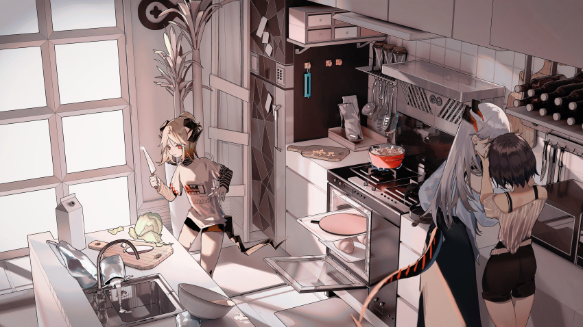 3girls, absurdres, arknights, baking, baking_sheet, bare_legs, beige_shirt, belt, blonde_hair, blouse, bottle, bra_strap, bread, brown_hair, clothing_cutout, cookie_(ppyf5328), cooking, cupboard, cutlery, cutting_board, demon_horns, dragon_girl, dragon_horns, dragon_tail, earrings, food, from_above, hair_bun, high-waist_skirt, highres, horns, ifrit_(arknights), indoors, jewelry, jug_(bottle), kiss, kitchen, kitchen_hood, kitchen_knife, knife, lettuce, long_hair, material_growth, microwave, mixing_bowl, multicolored_hair, multiple_girls, orange_eyes, oripathy_lesion_(arknights), oven, pot, refrigerator, rhine_lab_family_(arknights), rhine_lab_logo, saria_(arknights), shadow, shirt, short_hair, short_shorts, shorts, silence_(arknights), silver_hair, single_hair_bun, sink, skirt, spiked_tail, stove, striped_clothes, striped_shirt, tail, tail_through_clothes, tile_wall, tiles, two-tone_hair, white_shirt, window, yuri