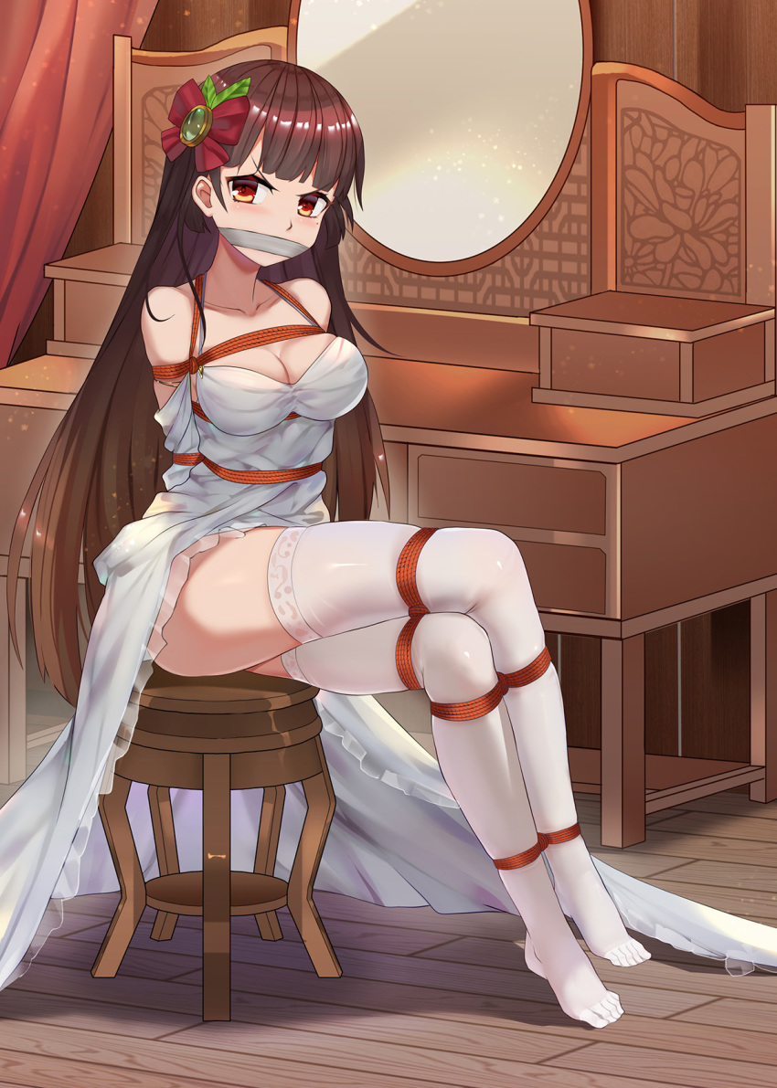 1girl, angry, arms_behind_back, bdsm, blush, bondage, bound, bound_arms