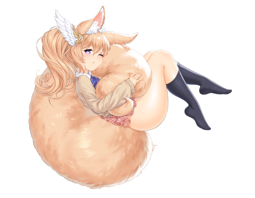 1girl, alternate_color, animal_ear_fluff, animal_ears, black_socks, blonde_hair, blue_eyes, brown_skirt