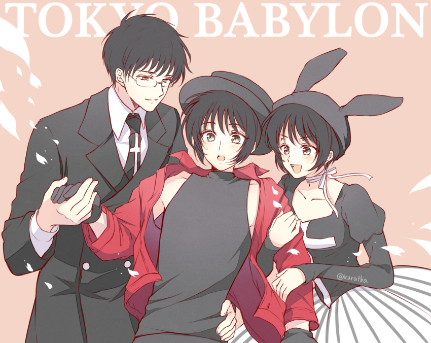 1girl, 2boys, animal_ears, aqua_eyes, arm_grab, black_gloves, black_neckwear, brother_and_sister