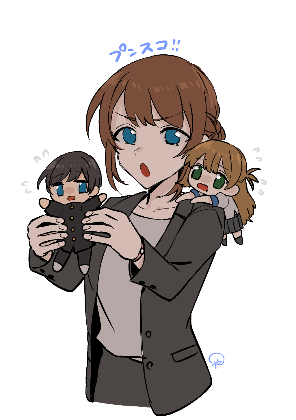 1boy, 2girls, anzu_(ensemble_stars!), blazer, blue_eyes, brother_and_sister, brown_hair, chibi