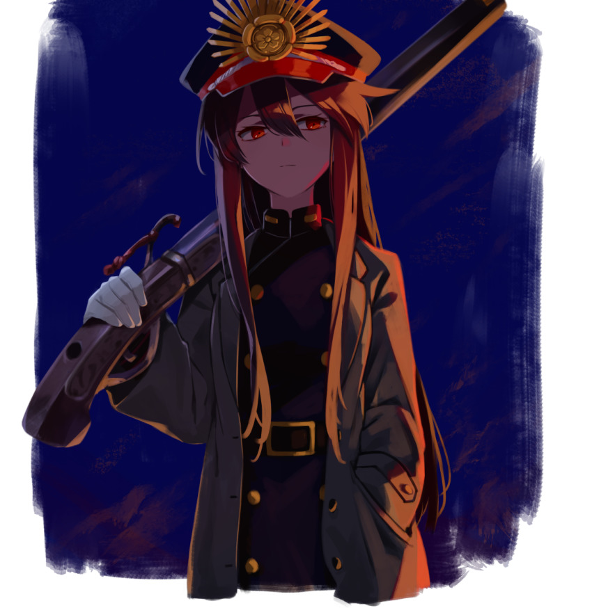 1girl, bad_id, bad_pixiv_id, belt, black_hair, black_hat, black_jacket, breasts