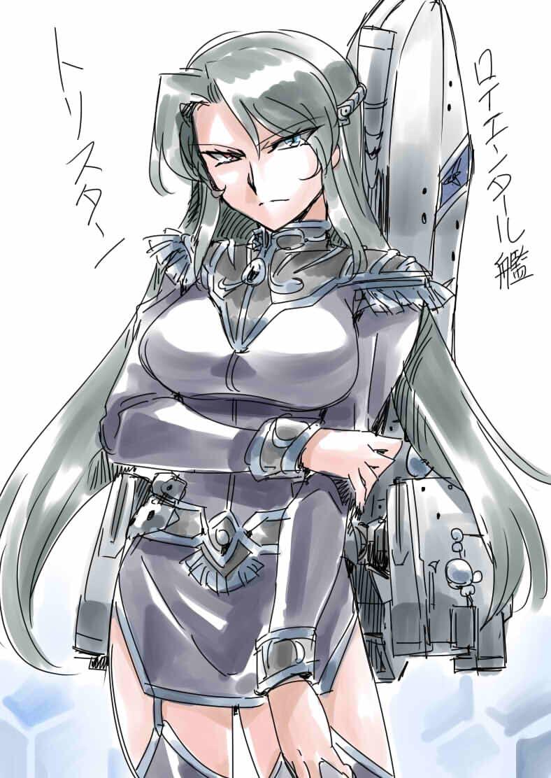 1girl, breasts, closed_mouth, dress, ginga_eiyuu_densetsu, long_hair, looking_at_viewer, mecha_musume, military, military_uniform, simple_background, skirt, solo, thighhighs, tristan_(gin'eiden), tukiwani, white_background