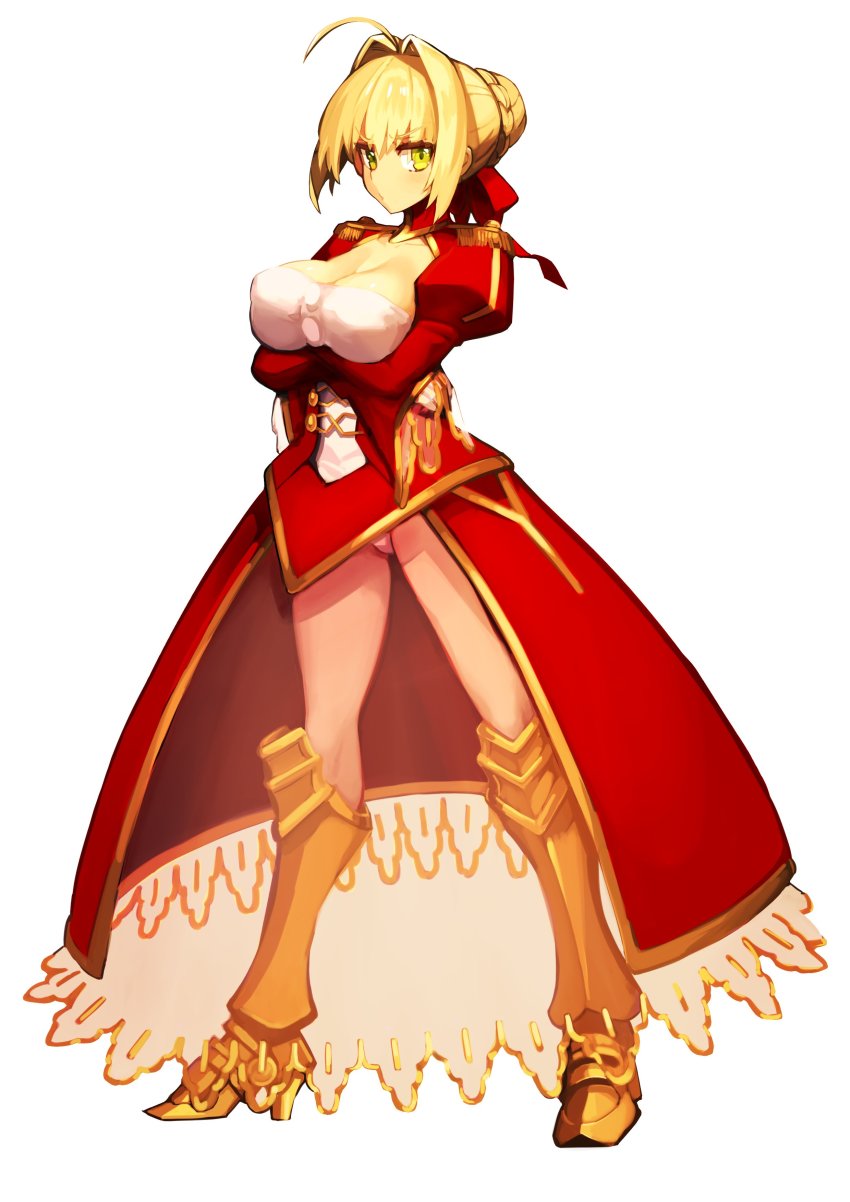 1girl, absurdres, ahoge, armored_boots, blonde_hair, blush, boots, braid