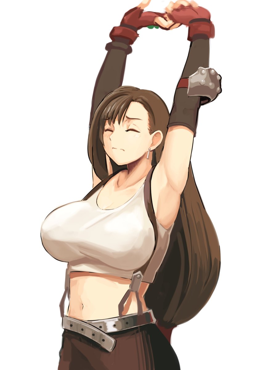 1girl, absurdres, armpits, arms_up, bare_shoulders, belt, black_skirt, blush