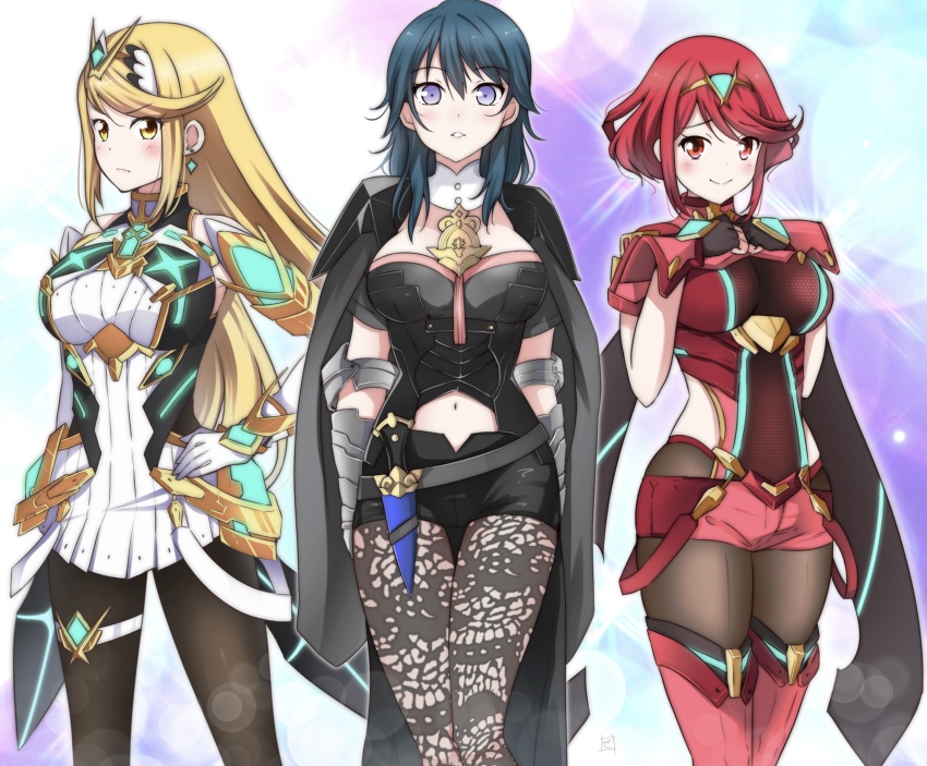 3girls, absurdres, arm_guards, armlet, armor, black_cape, blonde_hair, blue_hair
