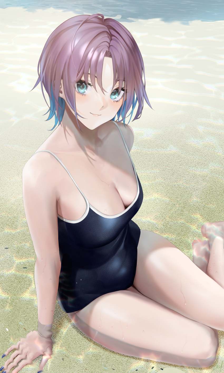 1girl, absurdres, ahoge, aqua_eyes, asakura_toru, bare_legs, bare_shoulders, barefoot