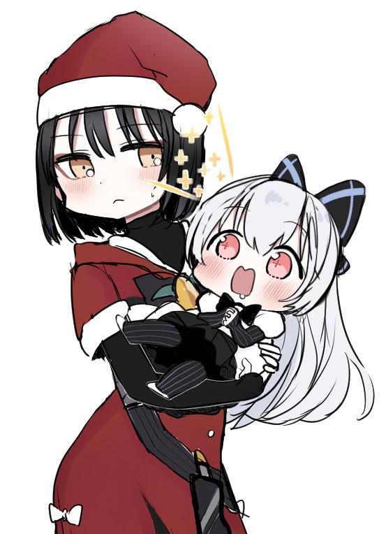 2girls, blush, carrying, caws_(120_winter_gifts)_(girls'_frontline), caws_(girls'_frontline), chibi, girls'_frontline, hat
