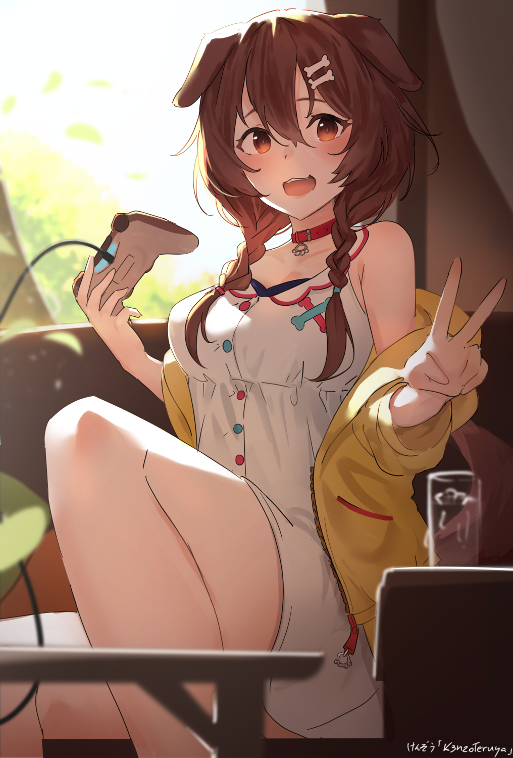 1girl, animal_ears, artist_name, bare_legs, blurry, blurry_background, blush, bone_hair_ornament