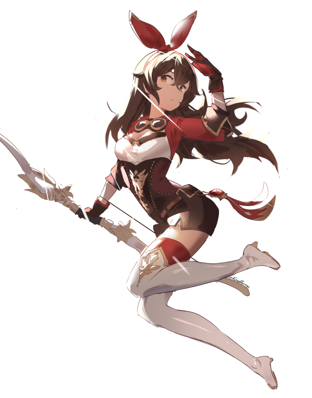 1girl, amber_(genshin_impact), belt, belt_pouch, boots, bow_(weapon), breasts, brown_hair