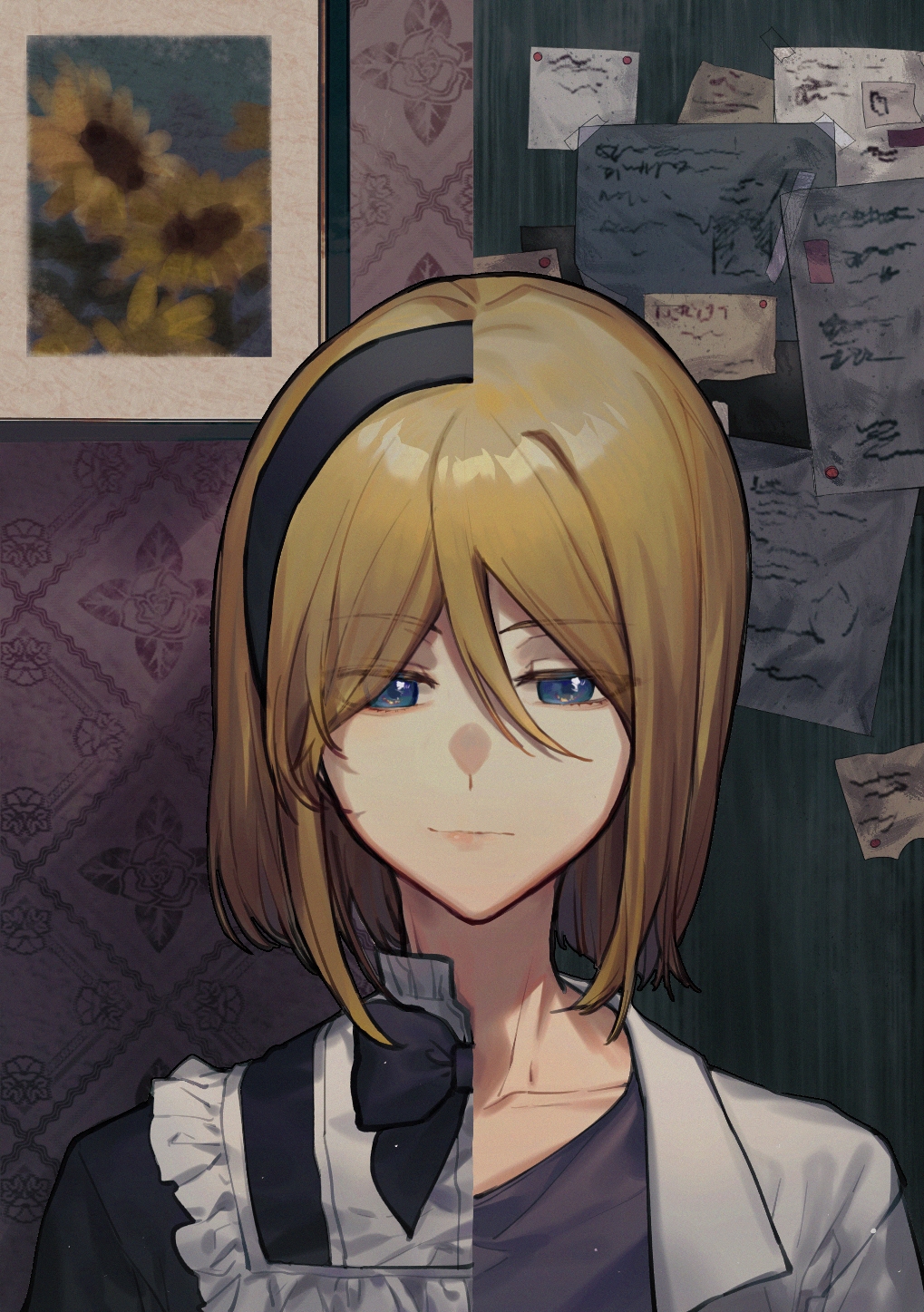 1boy, 1girl, alternate_costume, androgynous, apron, barisol_no_kodomo_wa_hitorikko_(vocaloid), behemo_barisol, black_dress, brother_and_sister, crossdressing, crystal_fish_(taziku), dress, enmaided, evillious_nendaiki, flower, half-closed_eyes, highres, kagamine_len, kagamine_rin, lab_coat, levia_barisol, maid, maid_headdress, picture_frame, siblings, smile, split_theme, sticky_note, sunflower, twins, vocaloid