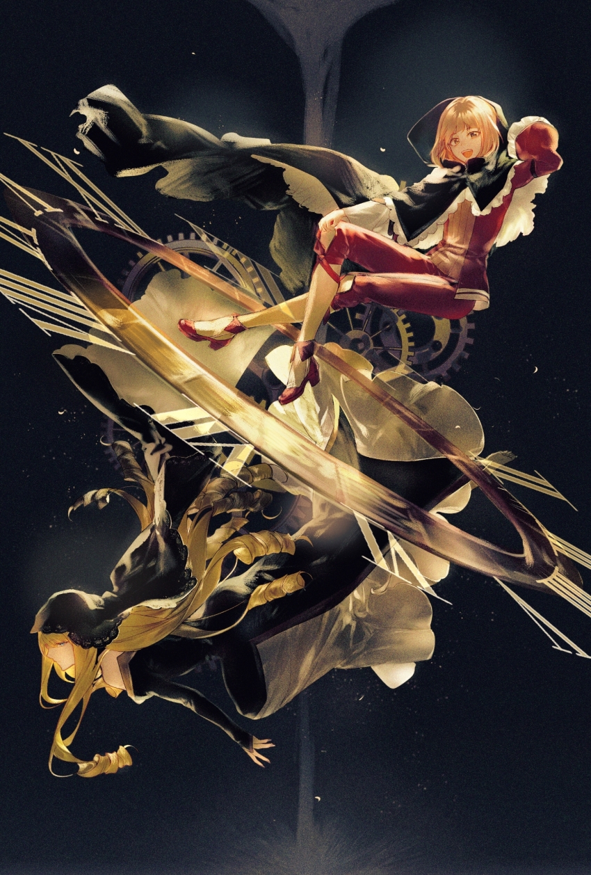 2girls, alternate_hair_color, bare_shoulders, black_background, black_cloak, black_dress, black_veil, blonde_hair