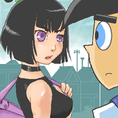 1boy, 1girl, animification, bag, bare_shoulders, black_hair, blue_eyes, bob_cut, choker, danny_fenton, danny_phantom, hamuuma, looking_back, lowres, nickelodeon, purple_eyes, sam_manson