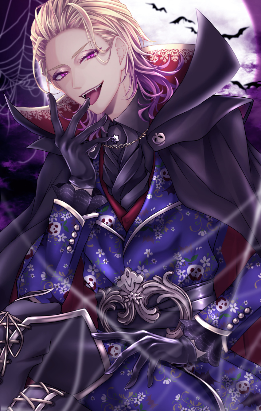 1boy, absurdres, bat_(animal), black_boots, black_cape, black_gloves, black_neckwear, black_shirt, blonde_hair, blurry, blurry_background, blurry_foreground, boots, cape, chain, coat, collared_shirt, crossed_legs, eyeshadow, fangs, floral_print, fog, full_moon, gloves, gold_trim, gradient_hair, hair_slicked_back, halloween, hand_up, high_collar, highres, knee_boots, lace-up_boots, long_sleeves, looking_at_viewer, makeup, male_focus, medium_hair, moon, multicolored_hair, nyamu_(nyamu0004), open_mouth, poison_apple, purple_coat, purple_eyes, purple_eyeshadow, purple_hair, shirt, silk, silver_trim, sitting, skull_print, solo, spider_web, tongue, tongue_out, twisted_wonderland, two-tone_hair, vampire, vil_schoenheit, vil_schoenheit_(halloween)