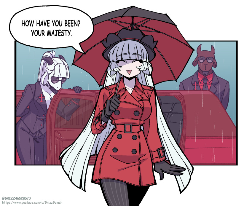1boy, 2girls, baphomet_(grizz), belt, black_gloves, black_headwear, black_jacket, black_neckwear, black_pants, black_umbrella, blunt_bangs, breasts, buttons, chestnut_mouth, collared_shirt, double-breasted, english_text, formal_clothes, gloves, goat_bodyguard_(grizz), goat_horns, grizz, hand_up, helltaker, highres, horns, jacket, large_breasts, long_hair, multiple_girls, necktie, official_style, pants, ponytail, red_belt, red_eyes, red_jacket, red_shirt, red_umbrella, shirt, smile, speech_bubble, striped_clothes, striped_pants, suit, sunglasses, umbrella, vanripper_(style), white_hair