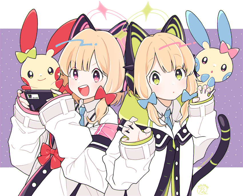 animal_ear_headphones, animal_ears, blonde_hair, blue_archive, cat_ear_headphones, cat_ears, cat_tail, commentary_request