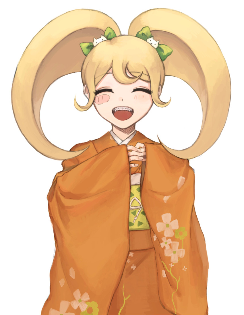 1girl, :d, aji_kosugi, bell, blonde_hair, blush, blush_stickers, bow