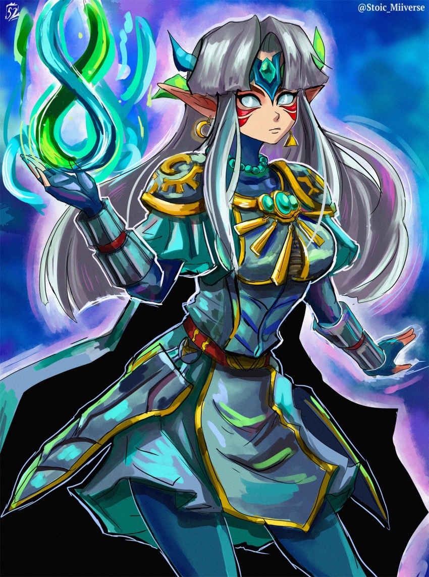 1girl, alternate_breast_size, alternate_costume, alternate_eye_color, alternate_hair_color, armor, aura, blank_eyes