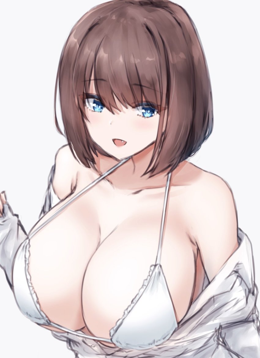1girl, bikini, blue_eyes, blush, breasts, brown_hair, cleavage, collarbone