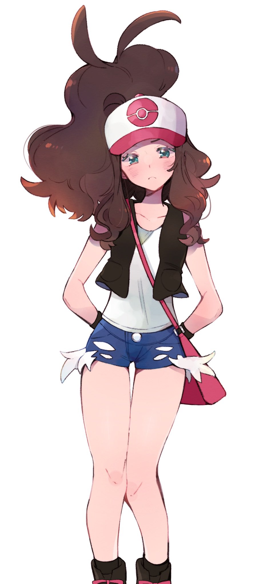 1girl, arms_behind_back, bag, baseball_cap, black_vest, blue_shorts, blush, boots, brown_hair, closed_mouth, commentary, cowlick, eyelashes, green_eyes, hat, high_ponytail, highres, hilda_(pokemon), knees, looking_at_viewer, misha_(ohds101), nintendo, open_clothes, open_vest, pink_bag, pokemon, pokemon_black_and_white, ponytail, shirt, short_shorts, shorts, shoulder_bag, simple_background, sleeveless, sleeveless_shirt, solo, standing, untranslatable_commentary, thigh_gap, vest, white_background, white_shirt