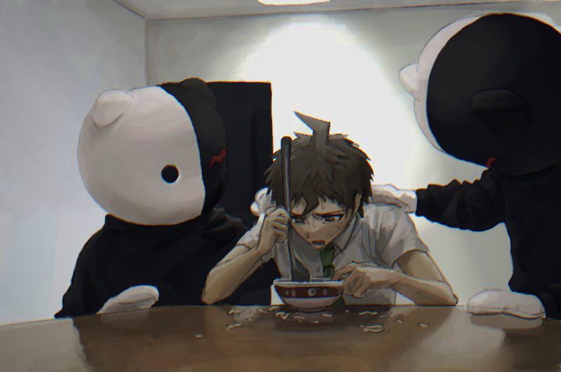 1boy, 2others, ahoge, aji_kosugi, bear_head, black_sweater, bowl, brown_hair, collared_shirt, commentary_request, cosplay, danganronpa_(series), danganronpa_2:_goodbye_despair, food, glasses, gloves, hand_on_another's_shoulder, hinata_hajime, holding, indoors, looking_at_another, male_focus, monokuma, monokuma_(cosplay), multiple_others, noodles, oversized_object, parody, ramen, shirt, short_hair, short_sleeves, sweat, sweater, table, white_gloves, white_shirt