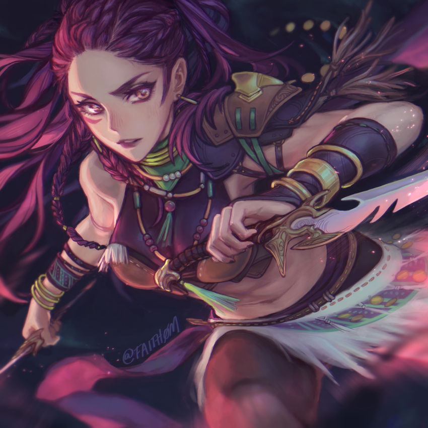 1girl, artist_name, bare_shoulders, bracelet, braid, breasts, commentary, crop_top, dual_wielding, facial_mark, faithom, fire_emblem, fire_emblem:_three_houses, highres, holding, holding_knife, holding_weapon, jewelry, knife, long_hair, medium_breasts, midriff, navel, necklace, nintendo, petra_macneary, petra_macneary_(timeskip), purple_eyes, purple_hair, reverse_grip, solo, stomach, twitter_username, weapon