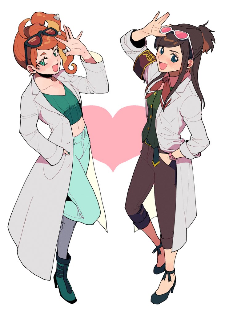 2girls, :d, ace_attorney, beachricefield, blush, boots, brown_hair, buttons, commentary_request, crossover, ema_skye, eyewear_on_head, green_eyes, green_footwear, green_nails, green_pants, green_shirt, hair_ornament, hand_in_pocket, hand_up, heart, heart_hair_ornament, high_heel_boots, high_heels, lab_coat, long_hair, multiple_girls, nail_polish, navel, nintendo, open_mouth, orange_hair, pants, pokemon, pokemon_sword_and_shield, ribbed_shirt, shirt, side_ponytail, sidelocks, sleeves_rolled_up, smile, sonia_(pokemon), standing, sunglasses, tongue, watch, wristwatch