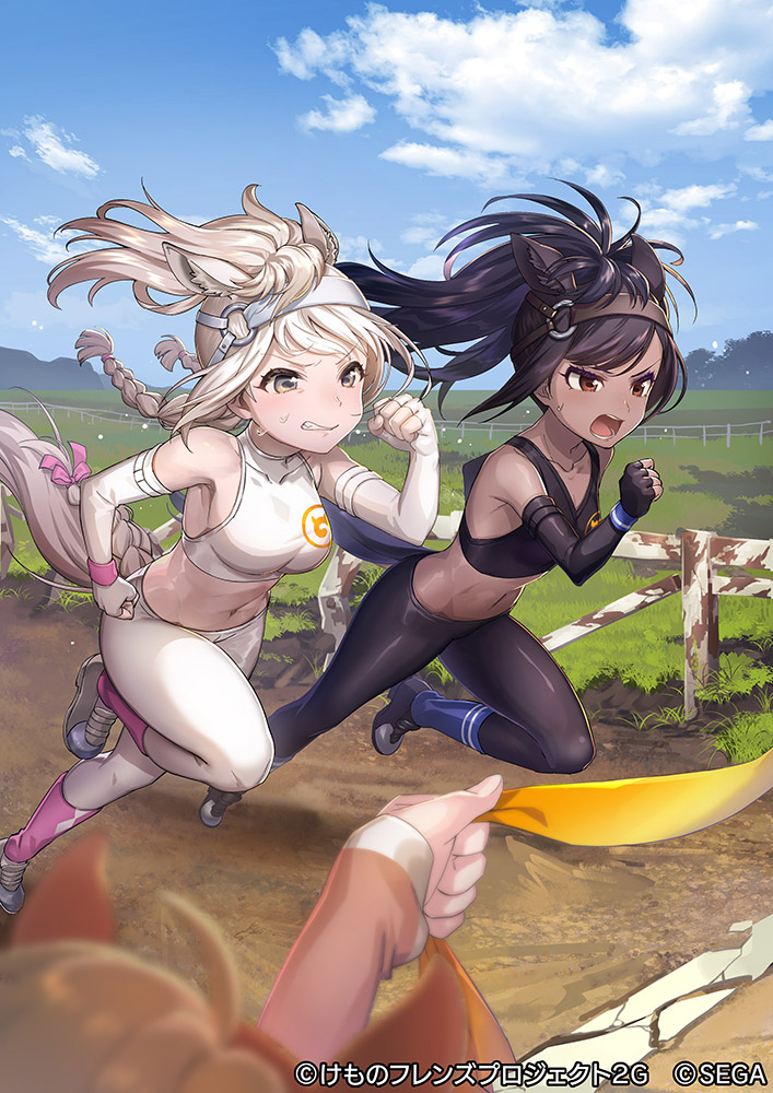 3girls, action, animal_ears, bare_shoulders, black_footwear, black_gloves, black_hair, black_leggings, black_sports_bra, bow, braid, braided_tail, brown_eyes, brown_gloves, brown_thoroughbred_(kemono_friends), chestnut_thoroughbred_(kemono_friends), commentary_request, dark-skinned_female, dark_skin, elbow_gloves, extra_ears, fingerless_gloves, gloves, headgear, horse_ears, horse_girl, horse_tail, japari_symbol, kemono_friends, kemono_friends_3, leg_warmers, leggings, light_brown_hair, long_hair, matching_outfits, midriff, mucchiri_shiitake, multiple_girls, navel, official_art, pink_bow, ponytail, racing, shoes, sleeveless, sneakers, sports_bra, sportswear, sweatdrop, tail, tail_bow, tail_ornament, twin_braids, white_footwear, white_gloves, white_hair, white_legwear, white_sports_bra, white_thoroughbred_(kemono_friends), wristband, yellow_eyes