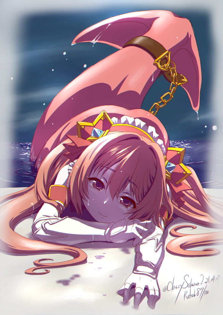 1girl, bare_shoulders, beach, belt, brown_belt, brown_eyes, brown_hair, chain