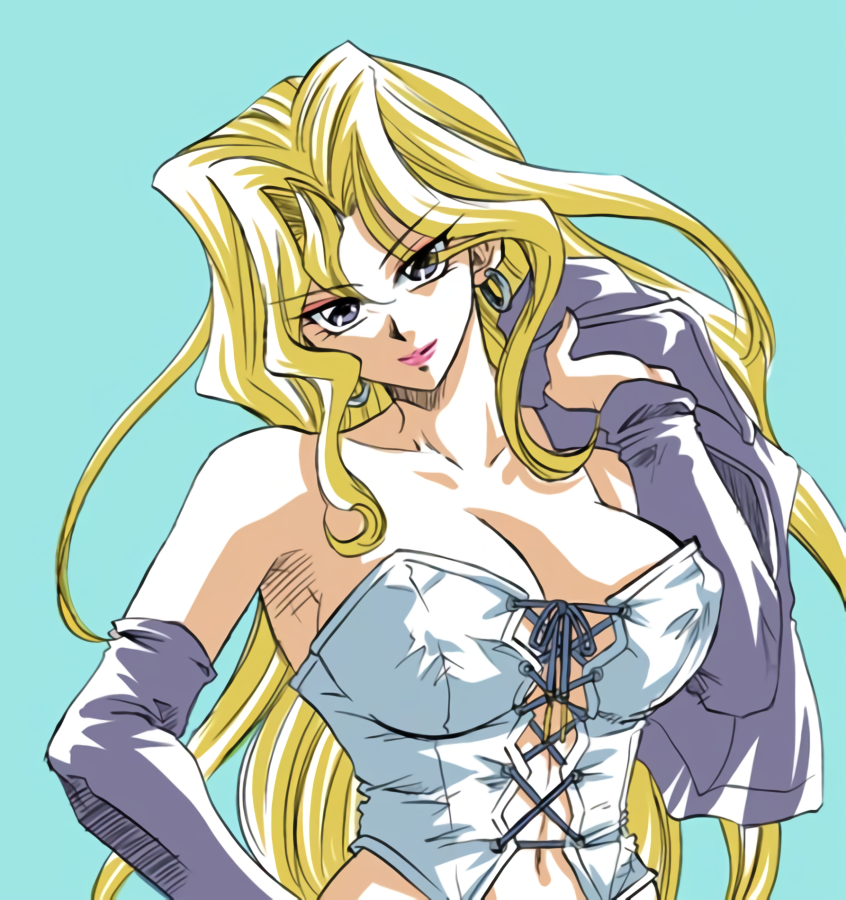 1girl, aqua_eyes, bare_shoulders, blonde_hair, breasts, chorogi, cleavage, closed_mouth, collarbone, corset, cross-laced_clothes, detached_sleeves, earrings, eyebrows_hidden_by_hair, eyes_visible_through_hair, eyeshadow, head_tilt, holding, holding_unworn_clothes, holding_jacket, hoop_earrings, jacket, jewelry, kujaku_mai, large_breasts, lips, long_hair, looking_at_viewer, makeup, naughty_face, navel, neck, orange_eyeshadow, parted_bangs, pink_lips, purple_detached_sleeves, purple_eyes, purple_jacket, simple_background, smile, solo, strapless, unworn_jacket, upper_body, very_long_hair, wavy_hair, white_corset, yu-gi-oh!, yu-gi-oh!_duel_monsters