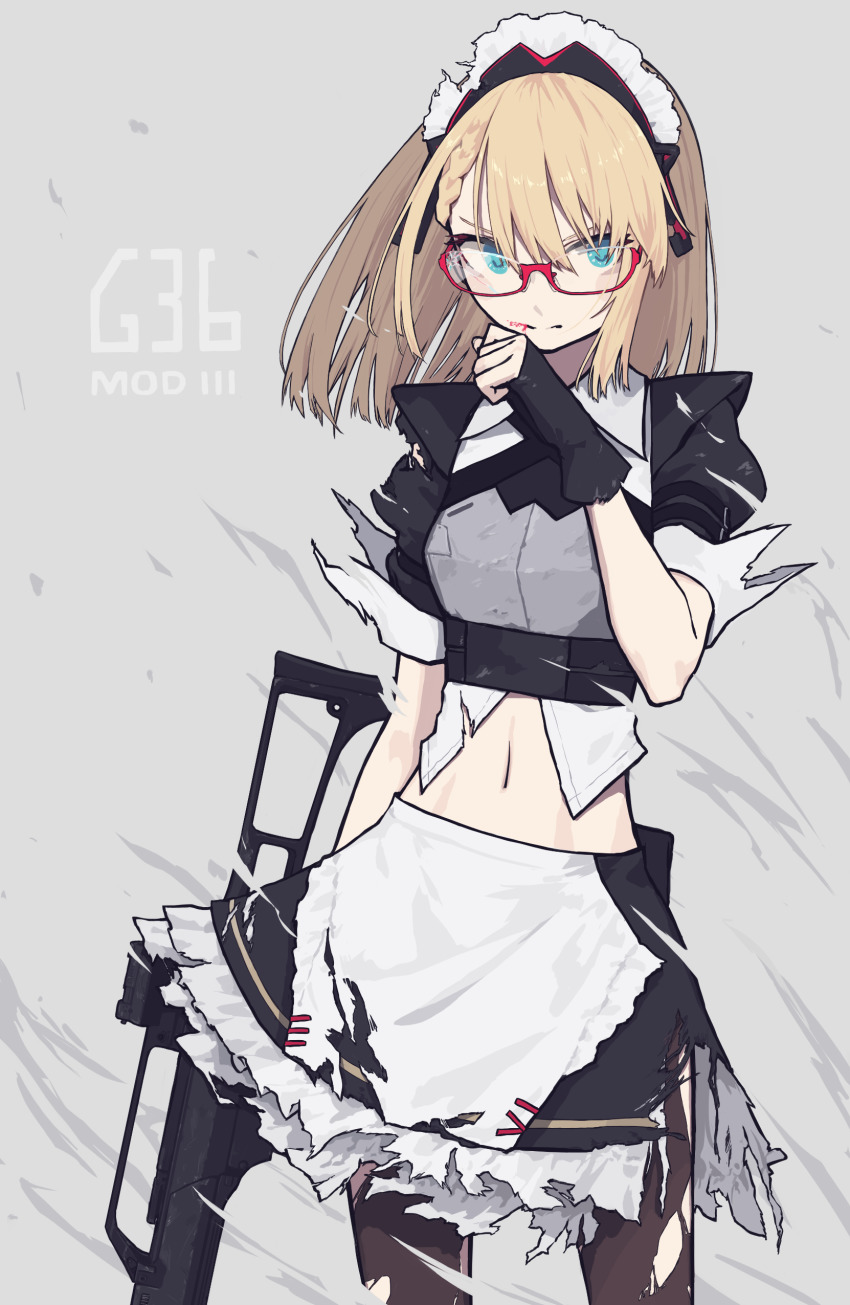 1girl, absurdres, apron, assault_rifle, blonde_hair, blood, blood_from_mouth, blue_eyes