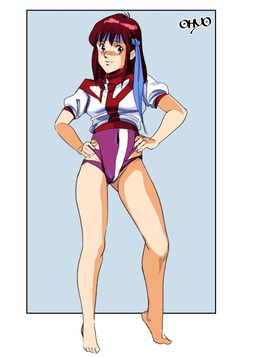 barefoot, highres, leotard, leotard_under_clothes, ohyo, tagme, takaya_noriko, top_wo_nerae!