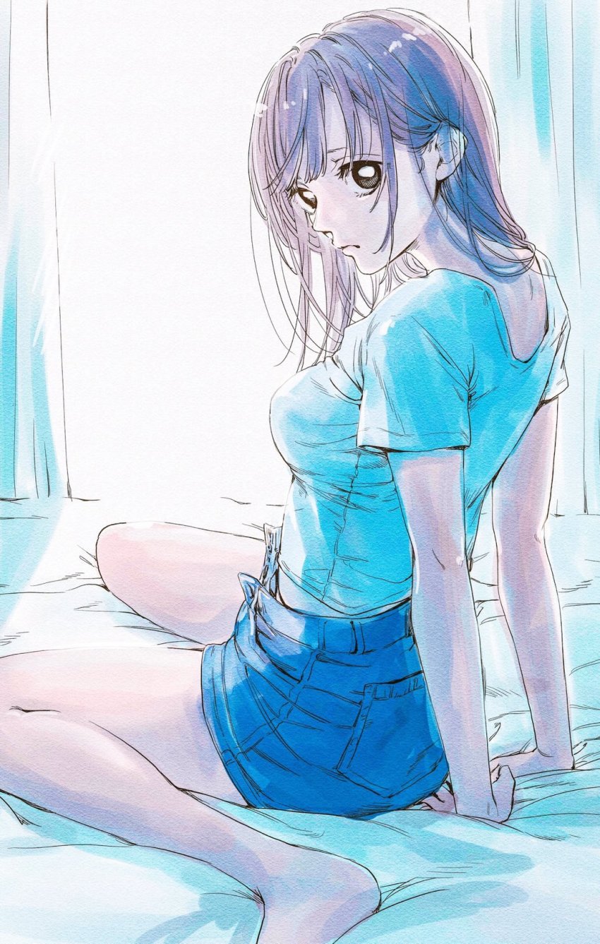 1girl, ao_no_hako, bare_arms, bare_legs, barefoot, bed, blue_shirt, blue_shorts