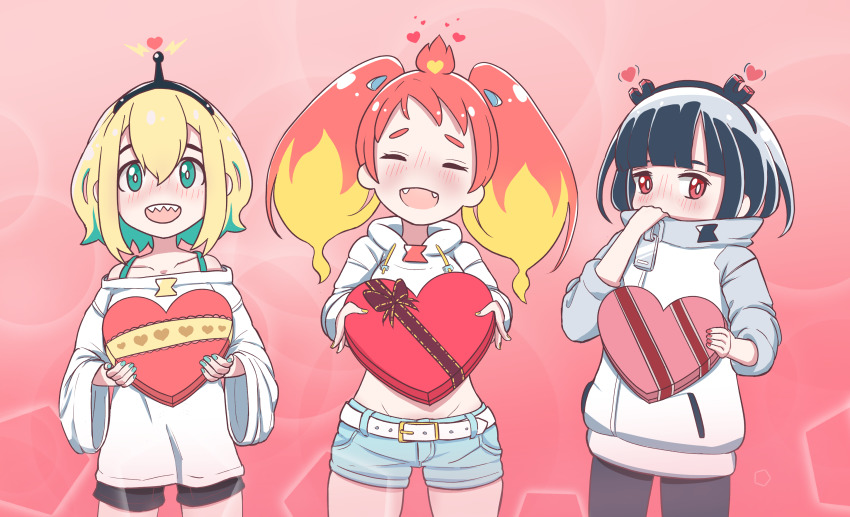 3girls, absurdres, ahoge, amano_pikamee, blonde_hair, blush, cowboy_shot, fangs