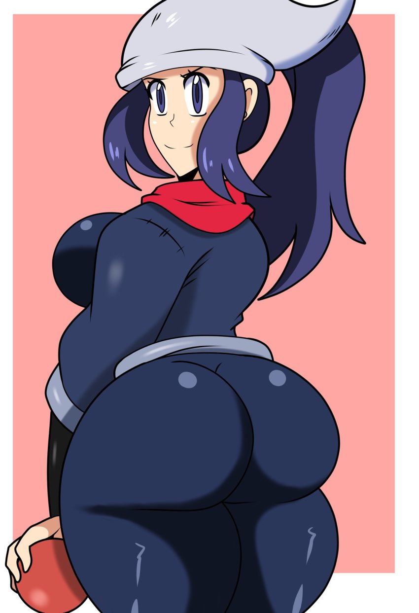 1girl, akari_(pokemon), ass, bandana, blue_eyes, blue_hair, bodysuit, breasts, from_behind, highres, holding, holding_poke_ball, huge_ass, large_breasts, long_hair, nintendo, poke_ball, pokemon, pokemon_legends:_arceus, ponytail, red_scarf, scarf, shingattai, shiny_clothes, sideboob, skin_tight, smile, solo