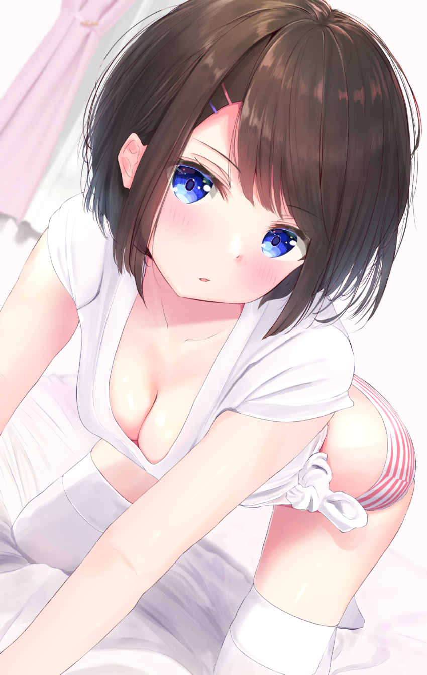 1girl, :o, absurdres, all_fours, arisugawa_riu, bed, bed_sheet, bedroom, blue_eyes, blush, breasts, brown_hair, cleavage, curtains, downblouse, highres, looking_at_viewer, medium_breasts, no_pants, on_bed, open_mouth, original, panties, rebun, shirt, short_hair, solo, striped_clothes, striped_panties, thighhighs, thighs, tied_shirt, underwear, white_shirt