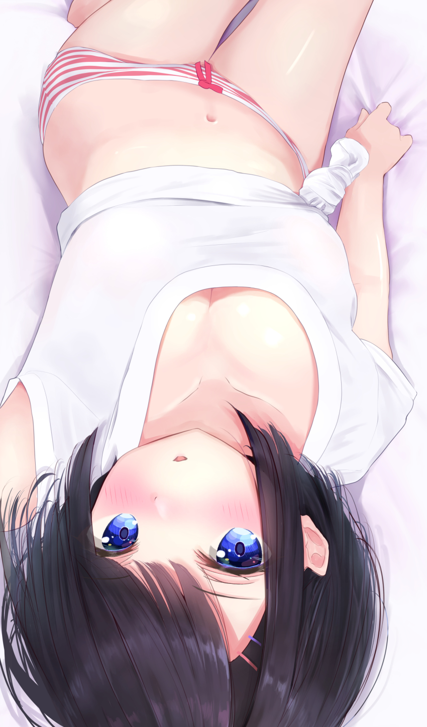 1girl, :d, absurdres, arisugawa_riu, bed, bed_sheet, black_hair, blue_eyes