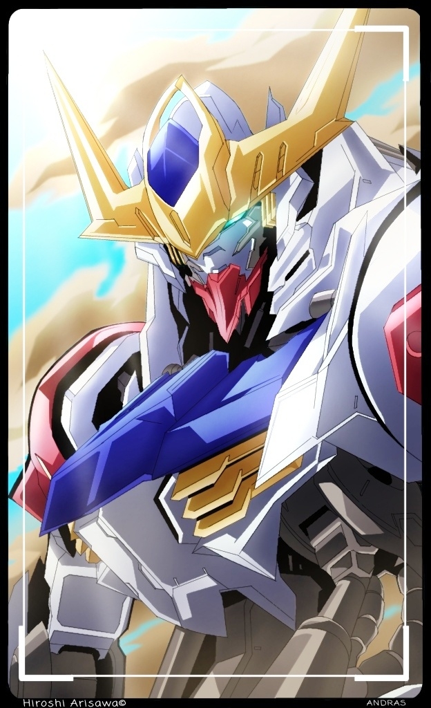 aki.10_01, black_border, blue_eyes, border, glowing, glowing_eye, gundam, gundam_barbatos