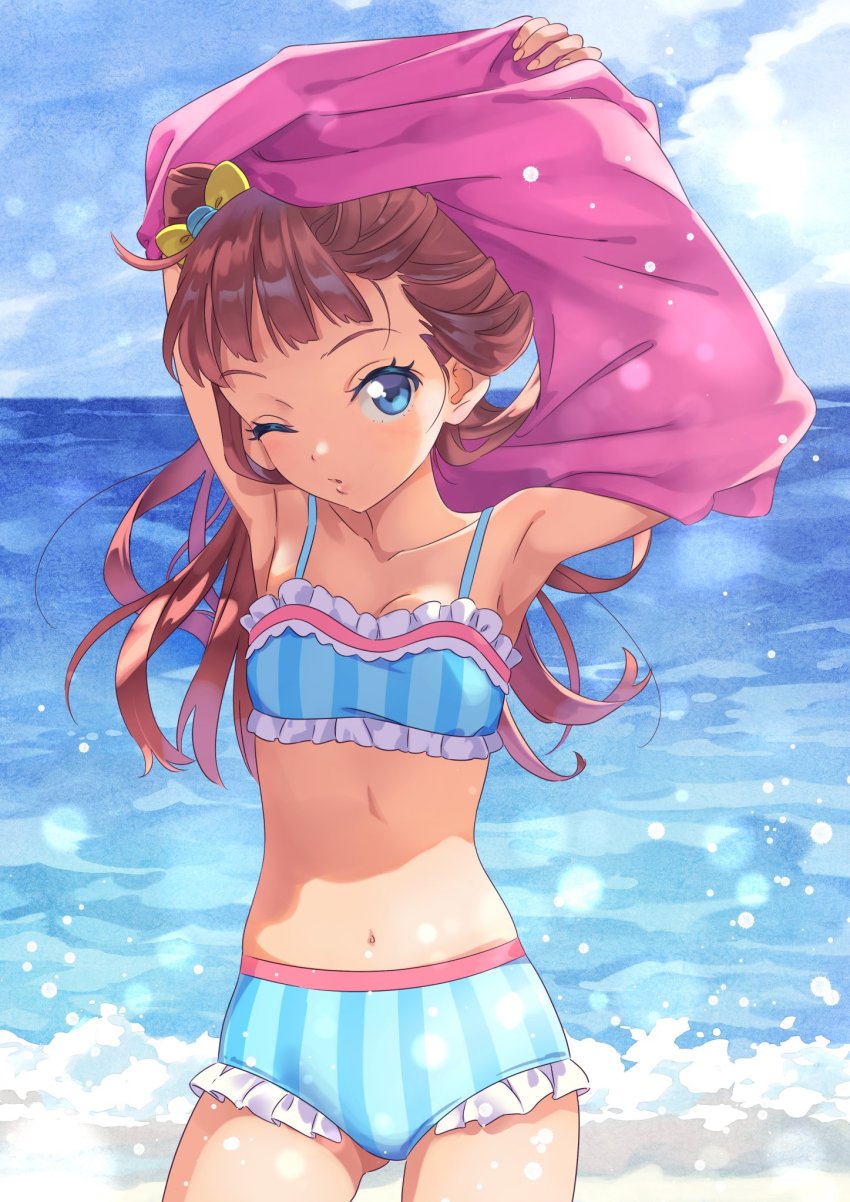 1girl, aikatsu!_(series), aikatsu_stars!, beach, bikini, blue_bikini, blue_eyes, blue_sky
