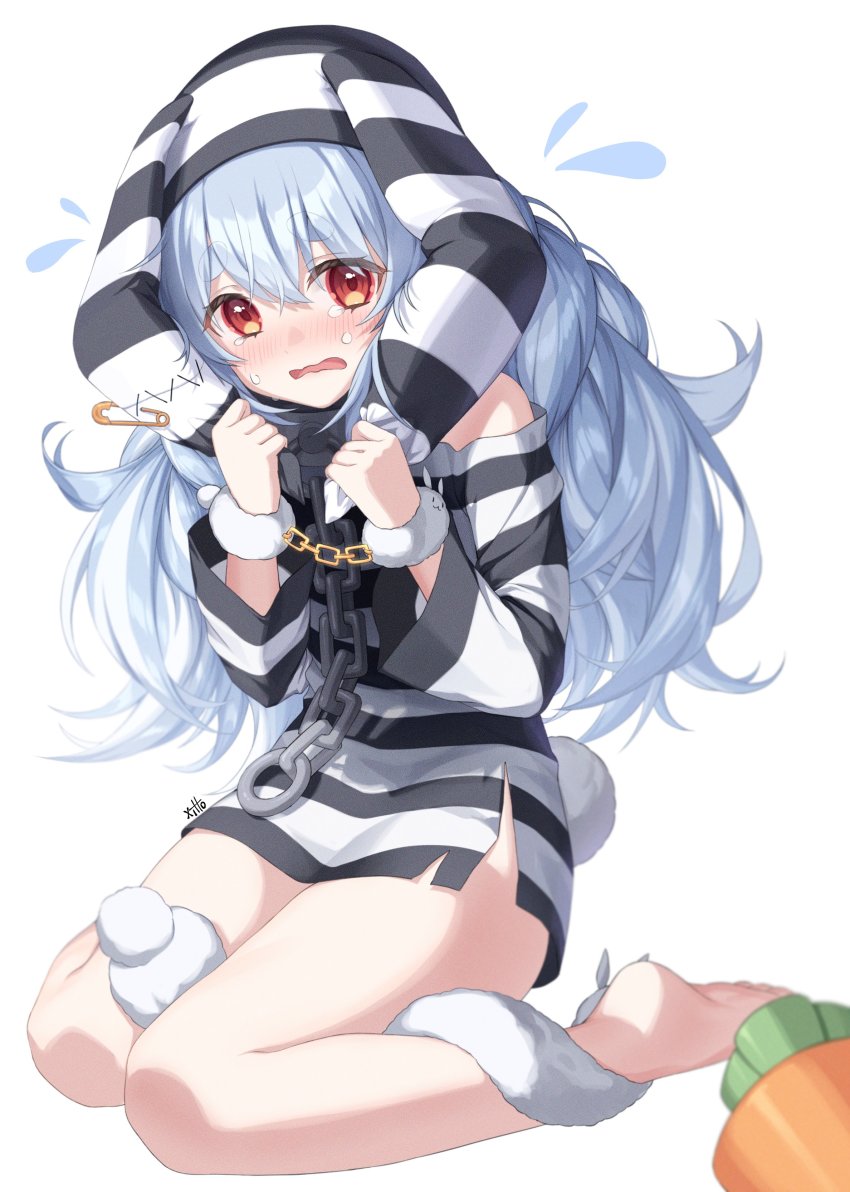 1girl, absurdres, animal_ears, artist_name, bare_legs, barefoot, blue_hair, blush