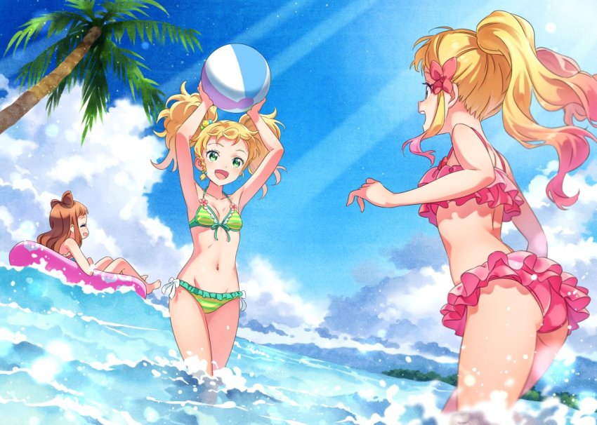 3girls, aikatsu!_(series), aikatsu_stars!, arms_up, ass, ball, beachball, bikini